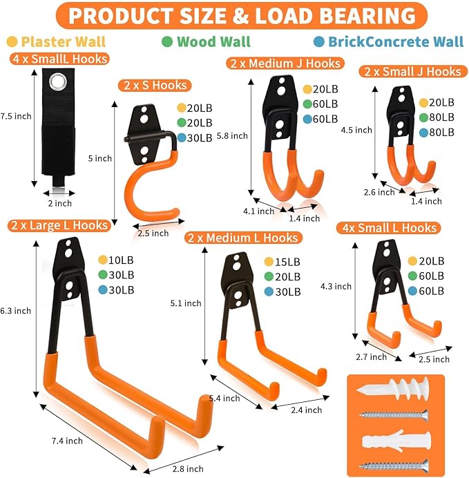 EZ COZY 16 Pack Garage Hooks Heavy Duty – Wall Mount Utility Hooks for Hanging, Garage Organization, Tool Hangers for Garage Wall, Ladder Holders, Assorted Sizes with Mounting Screws (Orange)