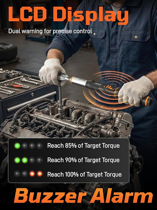 Digital Torque Wrench, 7.38-147.5 ft.lb/10-200 Nm, 1/2" Drive Inch Pound Torque Wrench Electronic with Buzzer & Colorful LED Indicator Cars Automotive