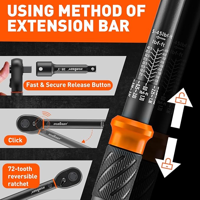 3Pack Torque Wrench Set, 1/4", 3/8", 1/2" Drive Click Torque Wrench Extra with Extension Bars & Adapters, Dual-Direction Adjustable Precision Torque Wrenches for Car, Motorcycle, Bike DIY Maintenance