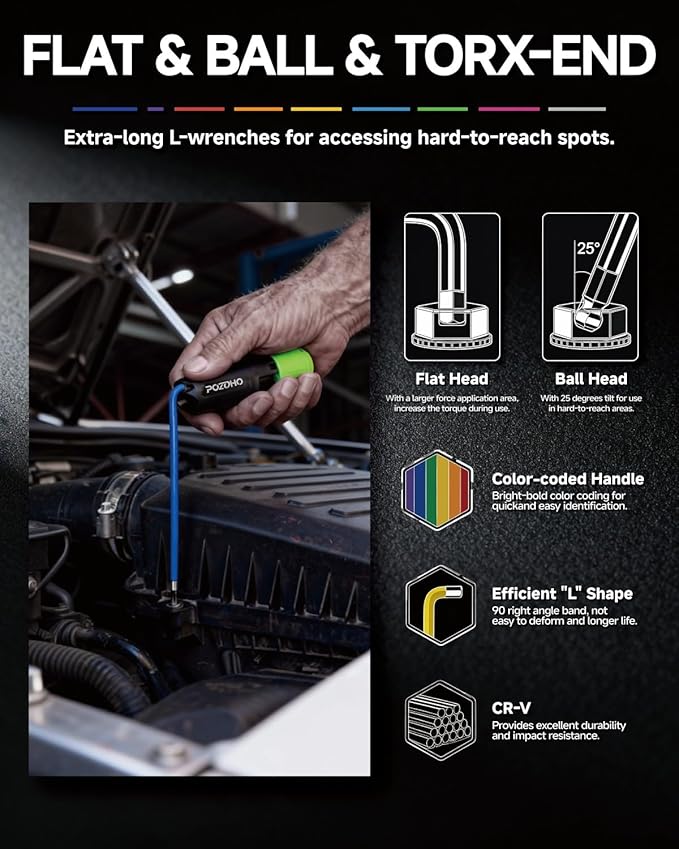 10-Piece Extra-Long Arm SAE(1/16"-3/8") Hex Key Set | Color-Coded Ball End Allen Wrench with Torque Handle | Cr-V Steel, Anti-Rust for Motorcycle, Bike, Car & DIY, PTM01010B