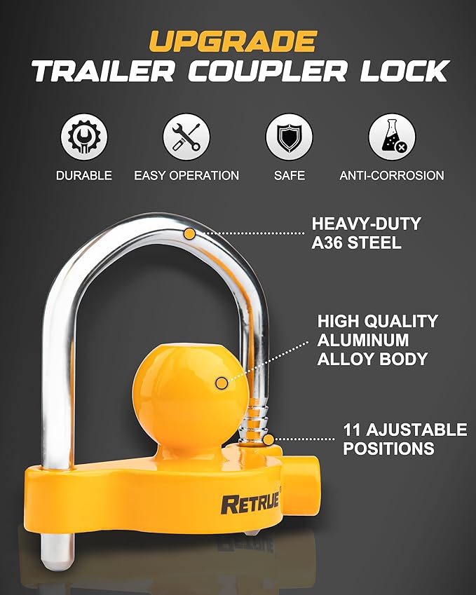 RETRUE Universal Coupler Lock Trailer Locks Ball Hitch Trailer Hitch Lock Adjustable Security Heavy-Duty Steel Fits 1-7/8 Inch, 2 Inch, 2-5/16 Inch Couplers, Yellow, Lightweight (4 Pack Keyed Alike)