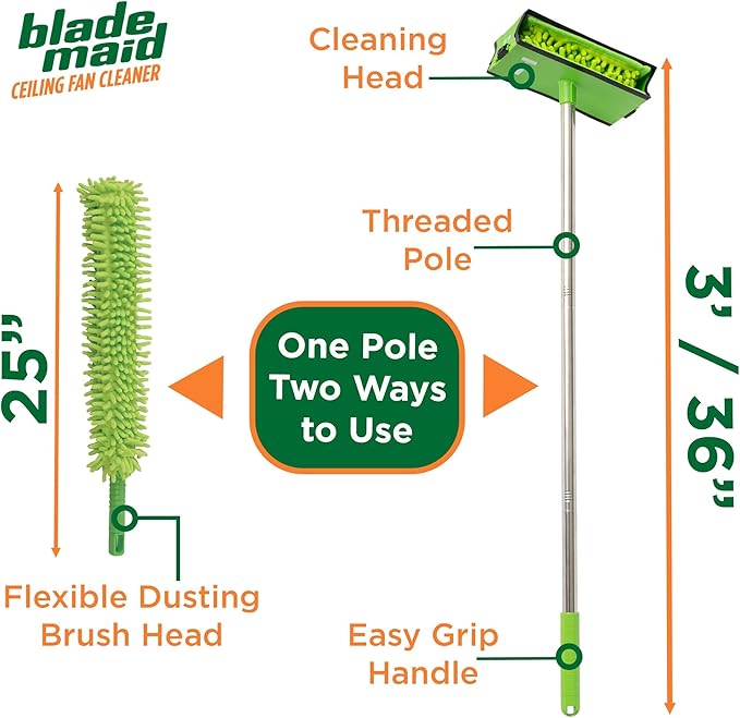 Blade Maid Ceiling Fan Blade Cleaner & Duster | Extendable Pole for High Ceilings, Moldings, Blinds, Walls & Cars, Corner Cleaning Tool, with Reusable Microfiber Pads | Size 3 feet (Pack of 1)