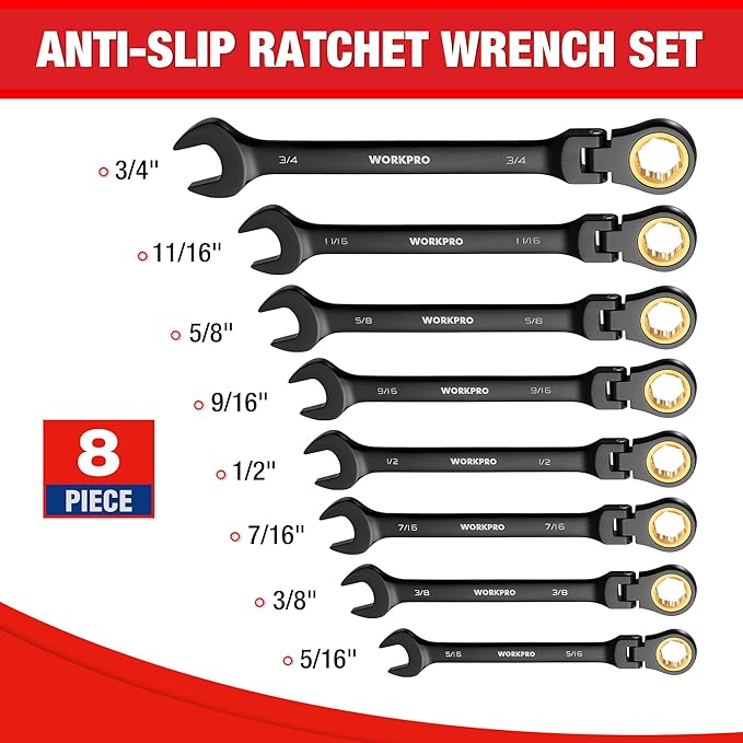 WORKPRO 8-piece Flex Head Ratcheting Wrench Set, Anti-slip Set SAE 5/16-3/4 inch, 72-Teeth, Cr-V Constructed, Black Electrophoretic Coating with Rack Organizer