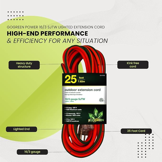 Go Green Power Inc. (GG-13725) 16/3 SJTW Outdoor Extension Cord, Lighted End, 25 ft (Pack of 2)