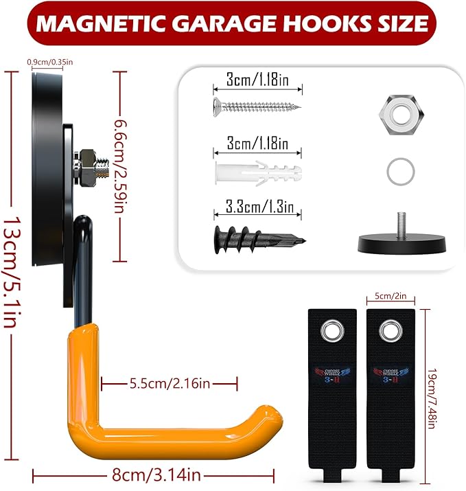 3-H Magnetic Hooks Heavy Duty, Magnet Garage Hooks Heavy Duty and Strong Utility Magnetic Tool Holde for Hanging and organizing Large Power Tool, Ladder, 2.6" Strong Magnetic Orange(4Pack)