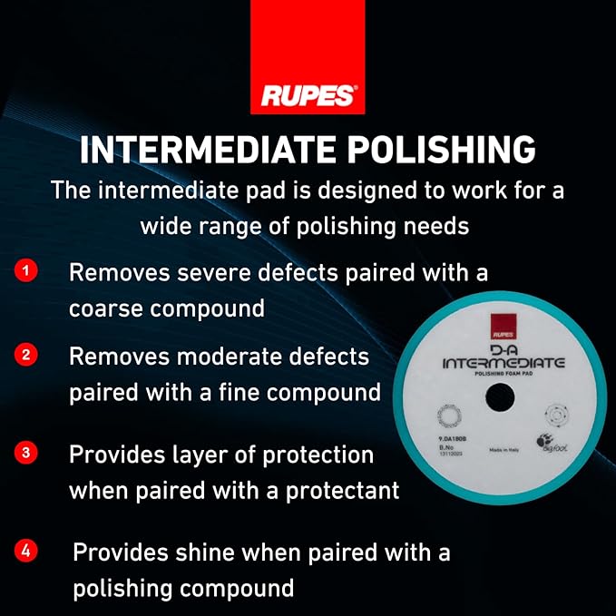 RUPES 180mm Pack of 6 Light Blue D-A Intermediate Foam Polishing Pads Ideal for Moderate to Fine Paint Correction & Gloss Enhancement | Compatible with 6" Backing Plate