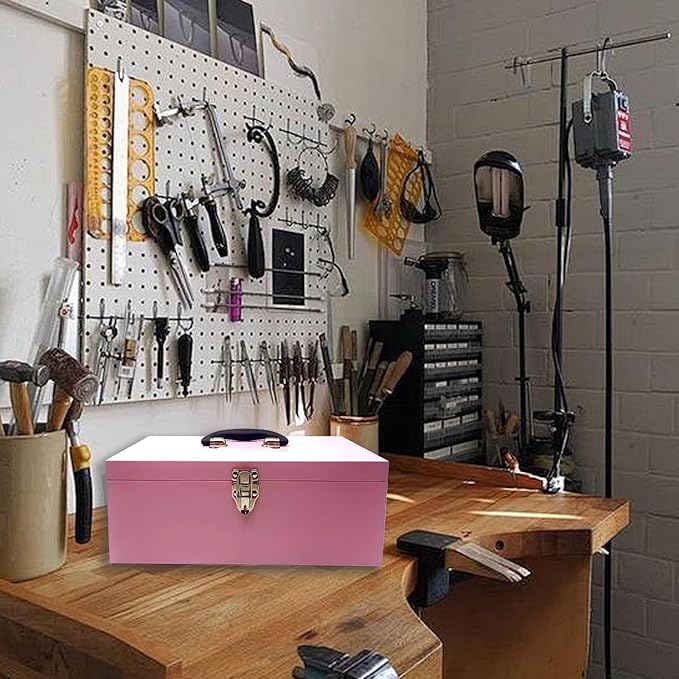 16" Portable Metal Toolbox Large Tool Box 18-Gauge Fishing Tackle Box Tool Box Drawer Organizer With Metal Latch and Handle Pink