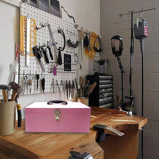 16" Portable Metal Toolbox Large Tool Box 18-Gauge Fishing Tackle Box Tool Box Drawer Organizer With Metal Latch and Handle Pink
