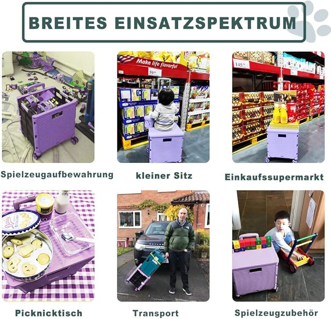 Foldable Utility Cart Folding Portable Rolling Crate Handcart Shopping Trolley Wheel Box with Lid Wear-Resistant Noiseless 360°Rotate Wheel for Travel Shopping Moving Storage Office Use (Purple)