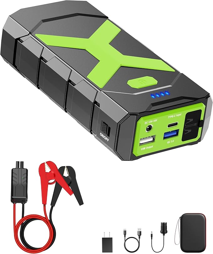 BOOKOO Jump Starter 2000A for Car,Boat,Lawnmower 8.0L Gas&6.5L Diesel Engines Portable 12V Car Battery Jump Starter with Cables,Wall Charger,USB 3.0 Fast Charging,16V DC Output,3 LED Modes