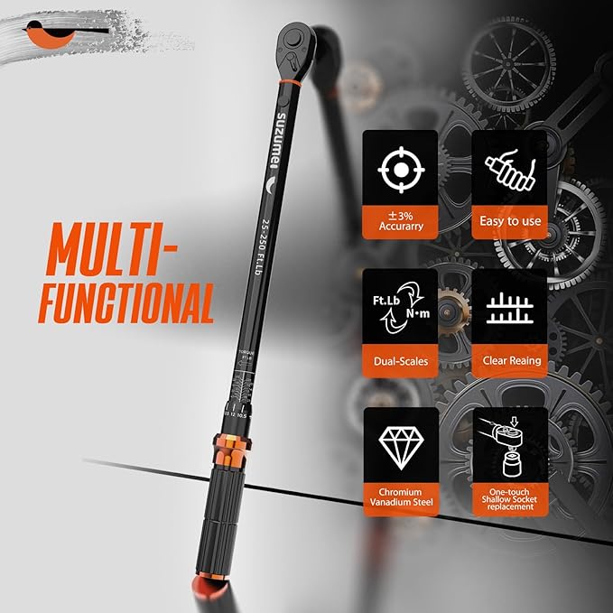 SUZUME Torque Wrench (25-250 Ft. Lb/ 32.5-325 N.m) 72 Tooth Dual-Direction Adjustable Torque Wrench 1/2 Drive with Dual-Scales ±3% High Accuracy 1/2 Torque Wrenches for Trucks