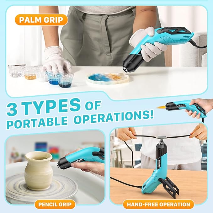 350W Mini Heat Gun with Dual Temp Settings 554℉ & 896℉ (290℃-480℃), Mini Hot air Gun with Overheat Protection Reflector Nozzle and 4.9Ft Long Cable for Crafts, Shrink Tubing and Epoxy Resin