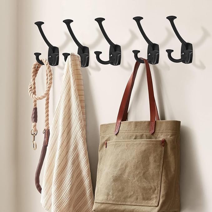 Large Wall Double-Sided Hook 5 Pack Matte Black Hook Decorative Heavy Duty Solid Large Coat Hooks for Towel Hanging Coats Robe Towel Bags Door Back 2 Prong Hooks
