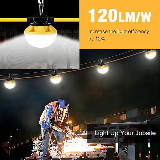 3-Prong 100FT Construction String Lights, IP65 Waterproof ETL Certified String Work Lights, 5000K Daylight 18AWG Wire Linkable Temporary Construction Lighting for Jobsite with 10 Bulbs & Hooks