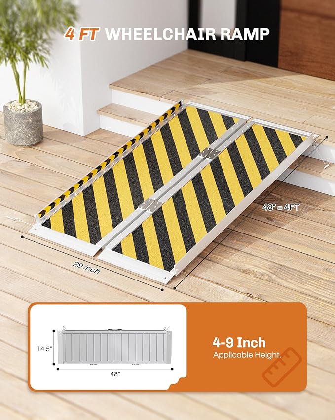 Portable Wheelchair Ramp 4 FT, Aluminum Folding Ramps for Wheelchairs for Home with Handle & Non-Skid Surface, 802 lbs Threshold Ramps for Doorways Steps Stairs Entry Cars Use