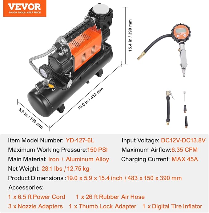 VEVOR 12V Heavy Duty Air Compressor with 6L Tank Kit, 6.35 CFM Portable Tire Inflator, 150PSI Offroad Air Compressor with Digital Pressure Gauge Tire Inflator for Trucks Car SUV 4 x 4 Vehicle RV