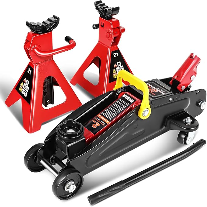 PM PERFORMOTOR Low Profile Hydraulic Trolley Service/Floor Jack Combo with 2 Ratchet Jack Stands, 2 Ton (4000 lbs) Capacity, Red, PM-TOL-FJ3P-RD