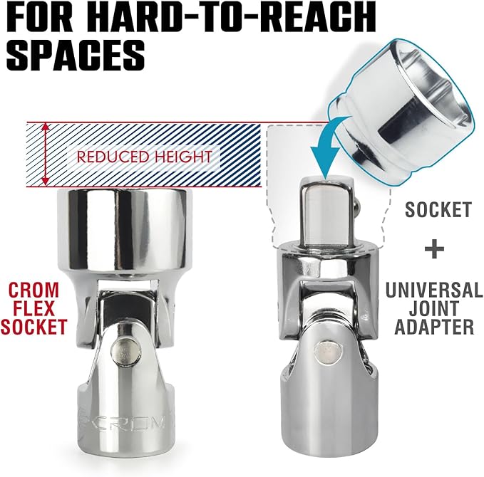 CROM Universal Flex Socket Set - 6-Point Swivel Socket Set - Swivel Joint for Easier Access to Tight Spaces - Aluminum Socket Storage Rail Included (1/4" Dr. 7PCS SAE SET)