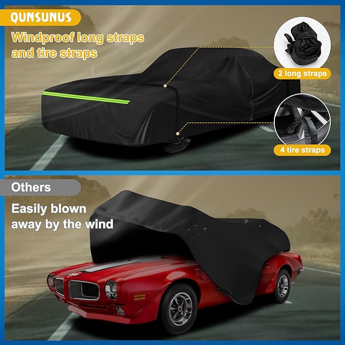 QUNSUNUS Car Cover for Pontiac Firebird and Trans Am 1967-1992, Waterproof Firebird Car Covers with Cotton Lining, All Weather Trans Am Cover with Straps and Zipper