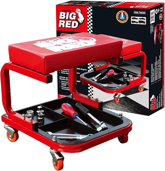 Big RED Torin 260lbs Red Rolling Automotive Creeper Garage/Shop Seat: Padded Mechanic Stool with Tool Large Tray for garages, Repair Shops