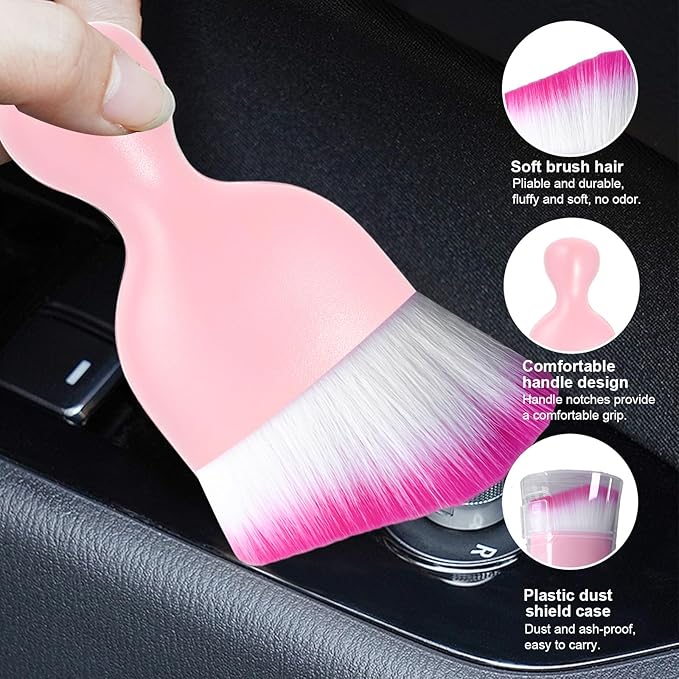 Ziciner 2 PCS Car Detailing Brush, Curved Soft Bristles Auto Removal Dust Collectors, Universal Vehicle Dashboard, Air Conditioner Vents etc Interior Cleaning Tool Accessories (Pink/White/Red)