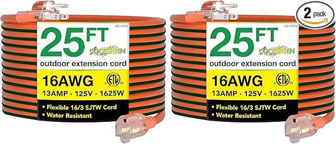 Go Green Power Inc. (GG-13725) 16/3 SJTW Outdoor Extension Cord, Lighted End, 25 ft (Pack of 2)