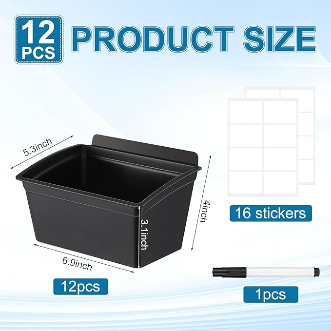 Mifoci 12 Pcs Storage Bins for PVC Slatwall Plastic Bin with Stickers Pens Slatwall Accessories for Organizing Hardware Craft Storage Tool Organizer Garage Craft Room Tool Shed(Black)