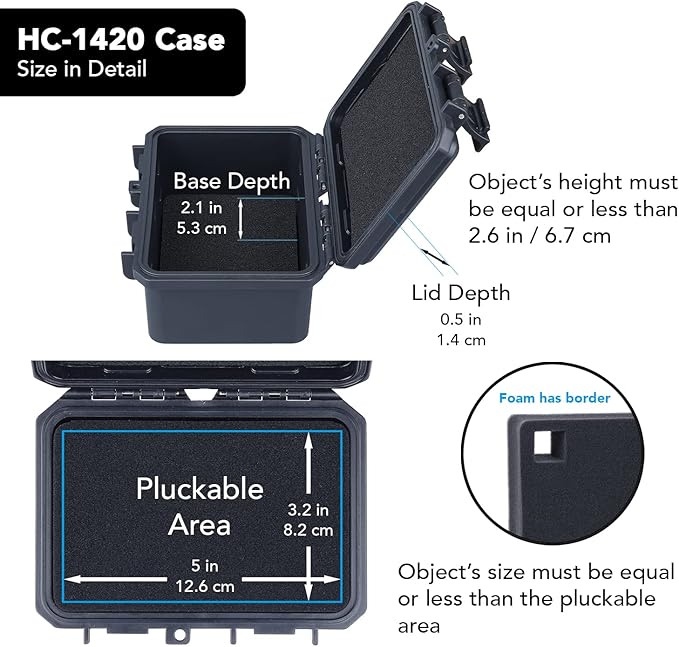 Lykus HC-1420 Mini Hard Case Dry Box with Foam Insert, Interior Size 5.5x3.5x2.7 in, IP66 Splash-Proof, Suitable for Cellphones, Tools, Small Devices and More