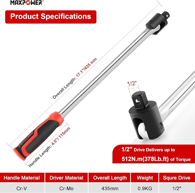 MAXPOWER 1/2" Drive Breaker Bar, 17-inch Breaker Bars with 270° Flex Head, Soft Grip Handle
