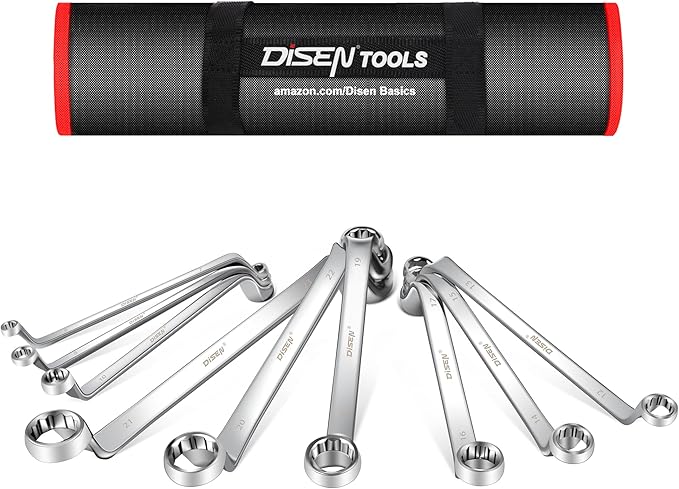 DISEN 9pcs Offset Wrench Set Metric 6-23mm, Box Wrench Set 75-Degree, CR-V Steel, Organized in Rolling Pouch
