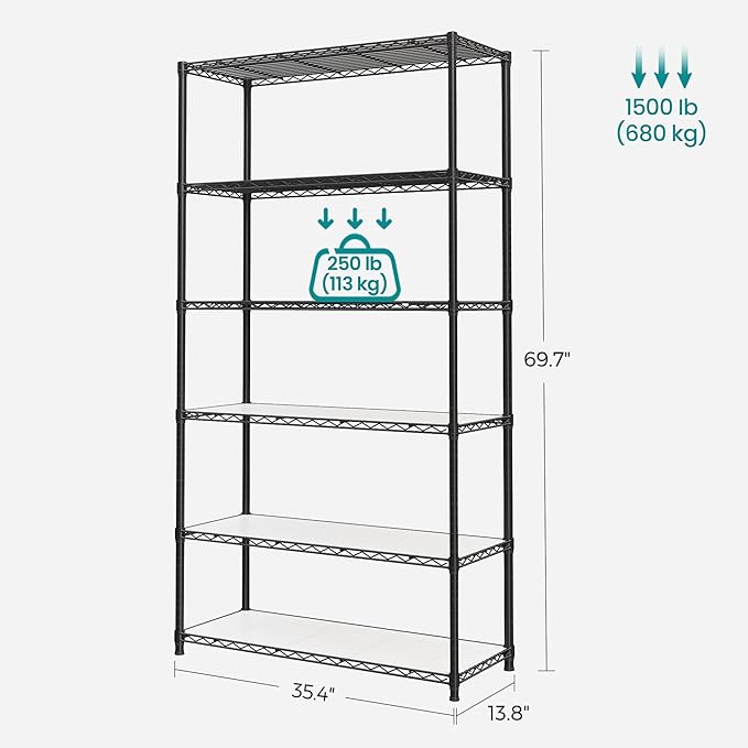 SONGMICS 6-Tier Storage Shelves, Wire Shelving Unit, Kitchen Metal Shelves, Storage Rack with Adjustable Shelves, Shelf Liners, 8 Hooks, for Garage, 13.8 x 35.4 x 69.7 Inches, Black ULGR096B01