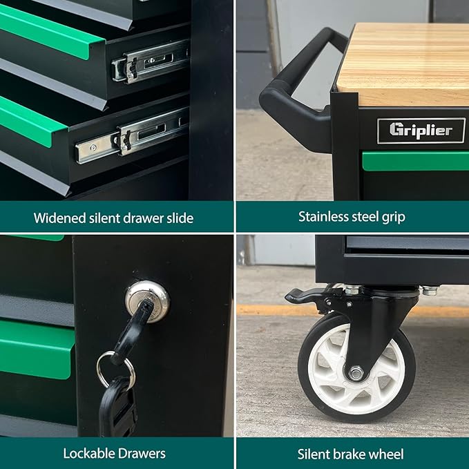 7-Drawer Tool Chest with Wood Top, 31.3W x 18.9D x 32.3H inches, Black and Green，Locking Rolling Tool Box with Wheels,Mechanic Tool Cabinets for Garage, Warehouse,Repair Shop,Workshop