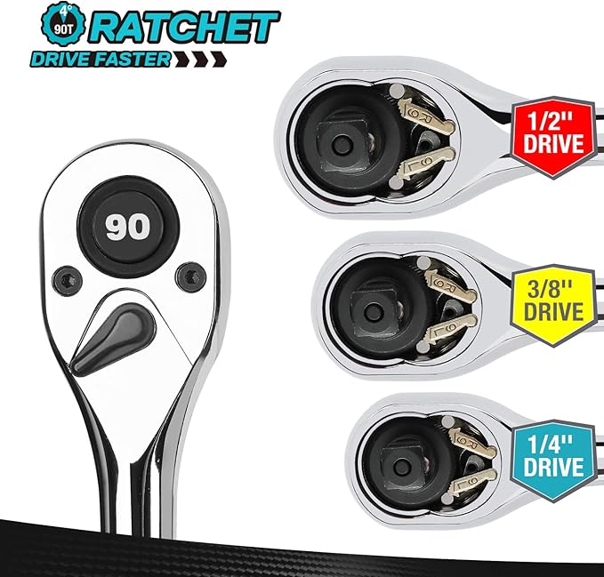 DURATECH 3-Piece Drive Ratchet, 1/4", 3/8", 1/2" 90-Tooth Quick-release Ratchet Wrench, Reversible, Cr-V Made, Full Polished, Mens Stocking Stuffers Gifts for Men Gifts for Women