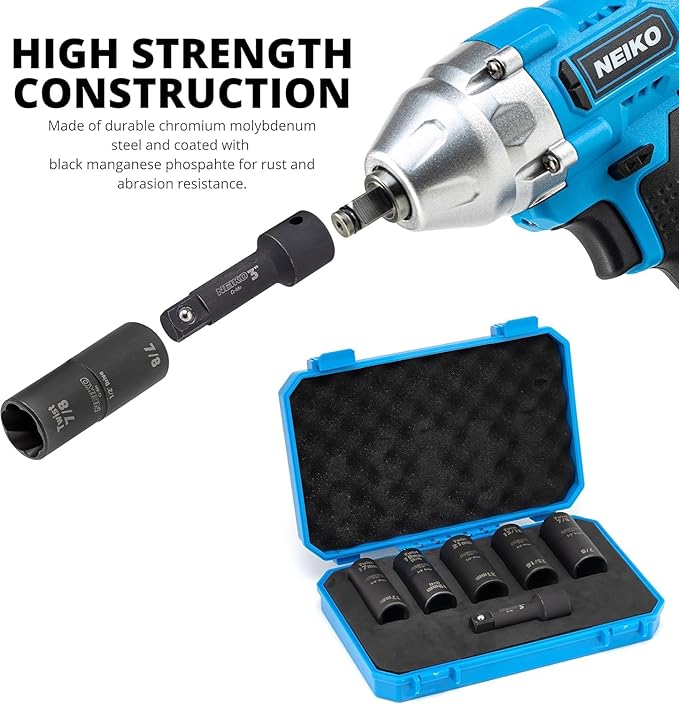 NEIKO 02340A Twist Socket Set, 6 Pc Lug Nut Extractor, SAE & Metric, 1/2 Inch Dr. Impact Flip, 6 Point, CR-Mo Steel Wheel, 3" Impact Extension Bar, Black