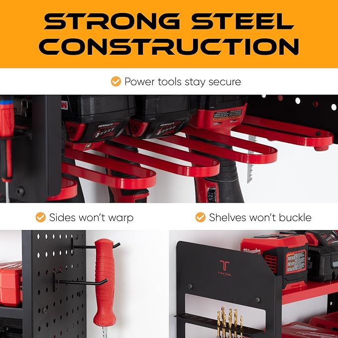 Power Tool Organizer Wall Mount, 4 Layer Heavy Duty Metal Tool Storage Rack with 4 Drill Holders, Pegboard Side Panels & Hooks, Garage Tool Organizer Wall Mount for Cordless Tools, Workshop, Shed