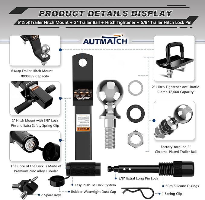 AUTMATCH Trailer Hitch Ball Mount with 2 Inch Hitch Ball - Fits 2" Receiver with Hitch Tightener, 8000Lbs Capacity Ball Hitch, 6-Inch Drop with 5/8" Hitch Lock Pin, Black