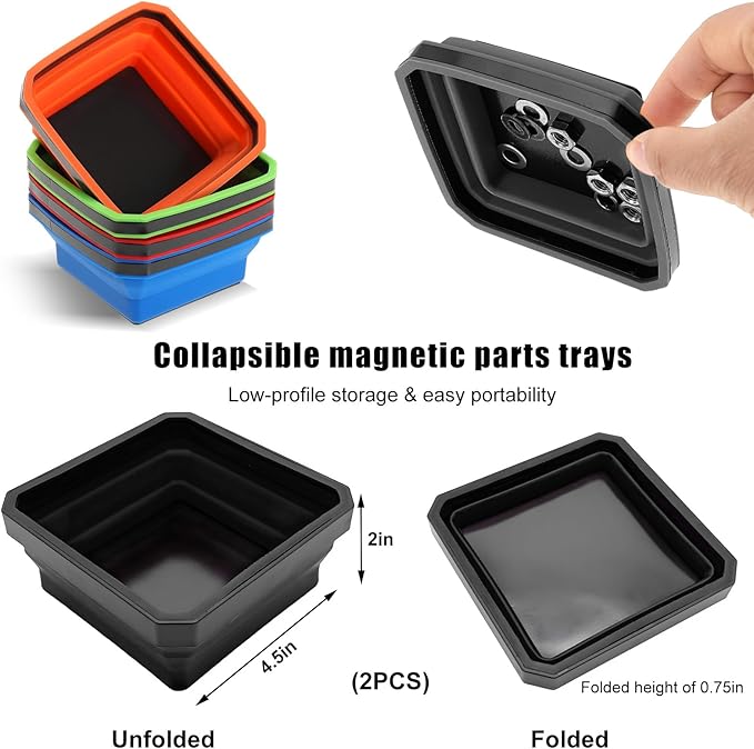 Collapsible Magnetic Parts Tray, 4.5 Inch Foldable Magnetic Square Silicone Tray, Tool Tray Set with Double-Sided Magnetic Base for Screw Bolts Nuts Pins, Car Accessories (Black+Black, 2PCS)