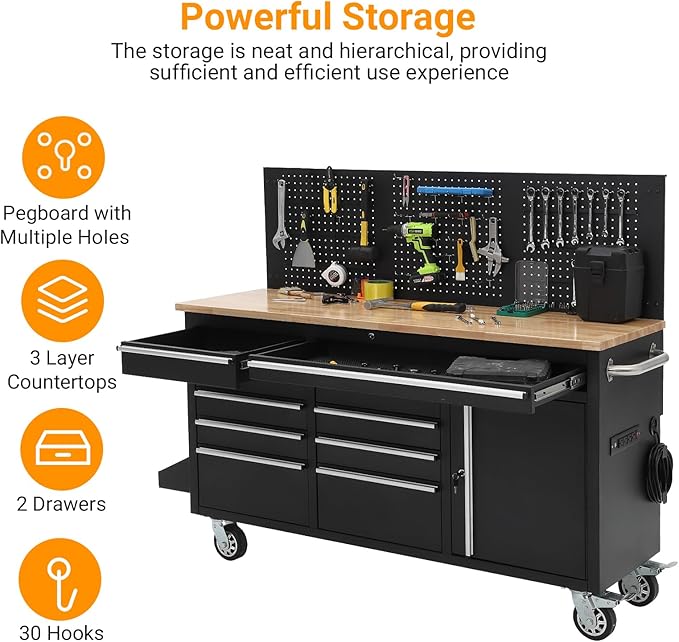 GAOMON 61-inch Rolling Tool Chest, 10 Drawers Garage Workbench Storage Tool Cabinet with Power Strip, Solid Rubber Wood Top, 1675 LBS Load Mobile Workstation, Heavy Duty Rolling Cabinet