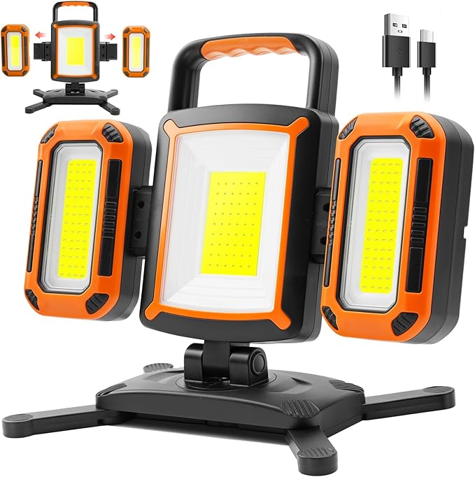 Tresda 3-in-1 Modular Rechargeable Work Light, 50W 5000LM Portable LED Work Lights with Detachable Dual Side Lights, 9 Modes, 360° Rotation, Magnetic Base & Hooks for Workshop Jobsite Repair Camping