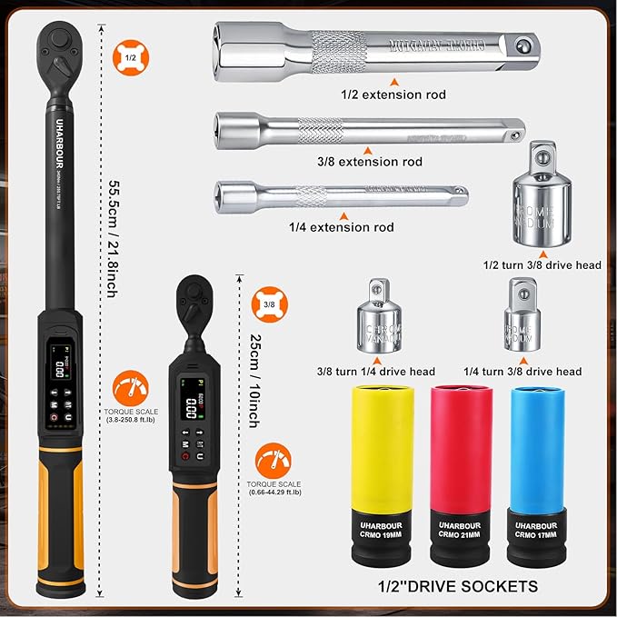 Digital Torque Wrench Set, 1/2"&3/8" Torque Wrench Digital with Dual Direction Ratchet, 3.8-250.8 Ft.lb & 0.66-44.29Ft.lbs Range, ±1% Accuracy with Vibration, Buzzer and LED Alert