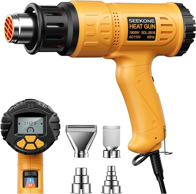 Heat Gun, SEEKONE 1800W Hot Air Gun Kit with Large Digital LCD Display Variable Temperature (122°F-1112°F) Memory Settings and 4 Nozzles for Paint Remover/Stripper, Home Improvement/Restoration