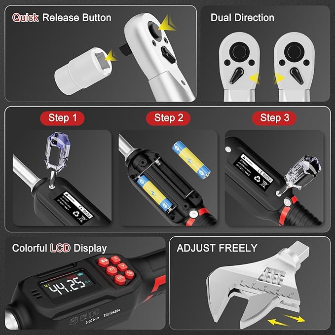 VANPO Adjustable Digital Torque Wrench, 2.2-44.3 Ft.lb/3-60Nm, ±2% Accuracy, HVAC Torque Wrench with Interchangeable 42mm Jaw & 3/8" Ratchet Head, Buzzer, Vibration and LED Alert for Split AC, Moto