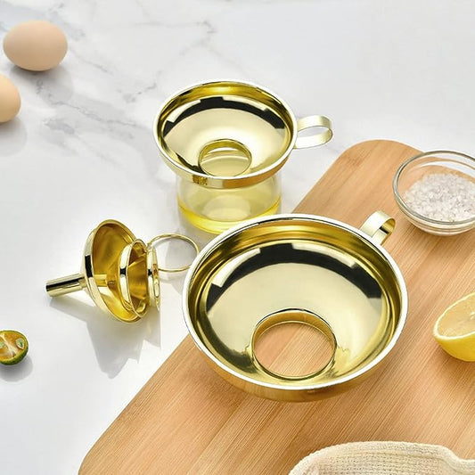 Yosoo Gold Stainless Steel Funnel Set 3 Pieces, Kitchen Funnel Set for Transferring Essential Oils, Liquid, Spice, Dry Ingredients, Powder