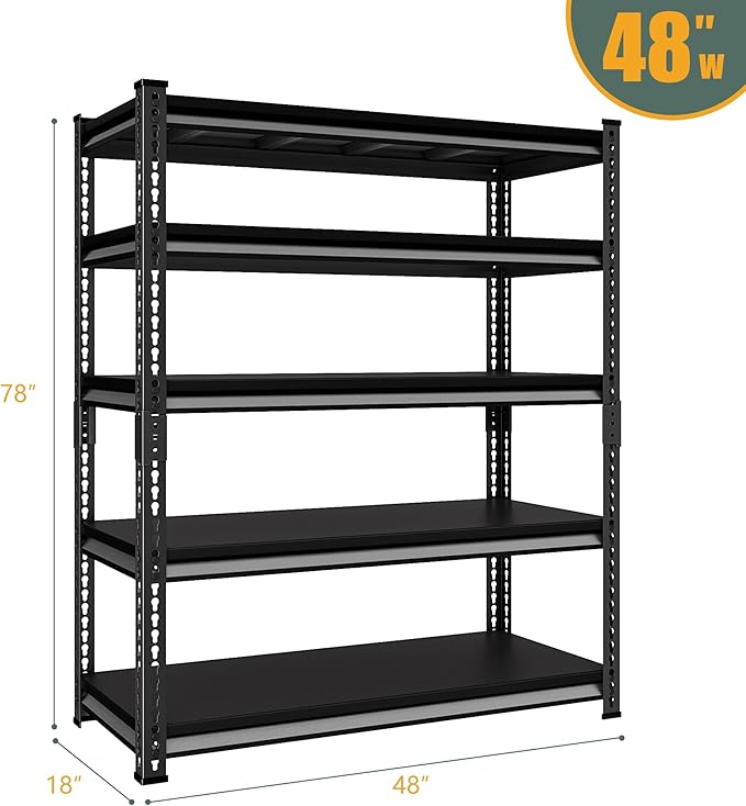 5-Tier Garage Shelving Heavy Duty，78" Metal Shelving Unit for Garage, 2800 lbs Load Capacity Utility Rack Shelves＆ Garage Shelves, Black, 5-Tier,48" Wx18 Dx78 H