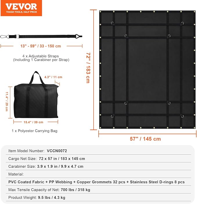 VEVOR Waterproof Cargo Net, 72 in x 57 in, Heavy Duty Truck Cargo Net-(WLL) 700lbs, 4 Adjustable Straps with Carabiners & S-Hooks, Truck Bed Cover for Trailer, Pickup, Boat, Jeep, SUV 4.75' x 6' ft