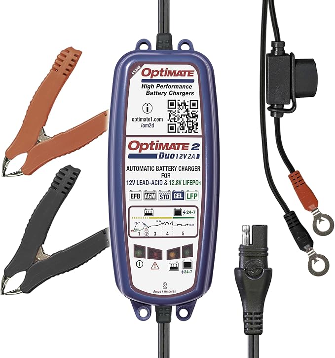 Tecmate Optimate 2 Duo, TM-551, Bronze Series: 5-Step 12V / 12.8V 2A Sealed Battery Charger & maintainer, Blue