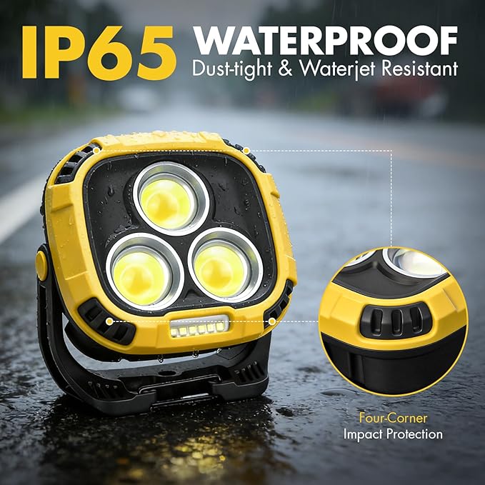 2 Pack 6000mAh Rechargeable Work Light, 4000LM Magnetic Light with Hook, IP65 Waterproof, 30H Runtime, Portable LED Work Light for Car Repair, Job Site Lighting, Emergency(Yellow)