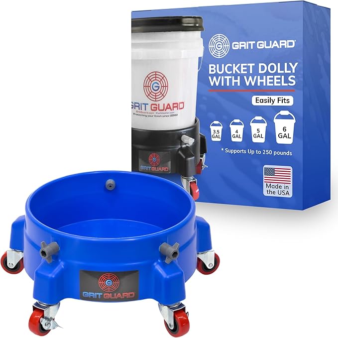 GRIT GUARD Bucket Dolly with Wheels - Rolling Detailing Wash Bucket with 5 Wheels and 2 Locking Casters Compatible with 2.5, 4, 5 and 6 Gallon Buckets (Blue, 2" Red Casters)