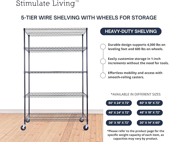 48"x24"x72" Prime Heavy Duty Black 5-Tier Steel Wire Shelving NSF 4000 LBS MAX Capacity Storage Rack for Commercial, School, Home, Garage, Warehouse, Industrial, and Hospital Uses (with Wheels)