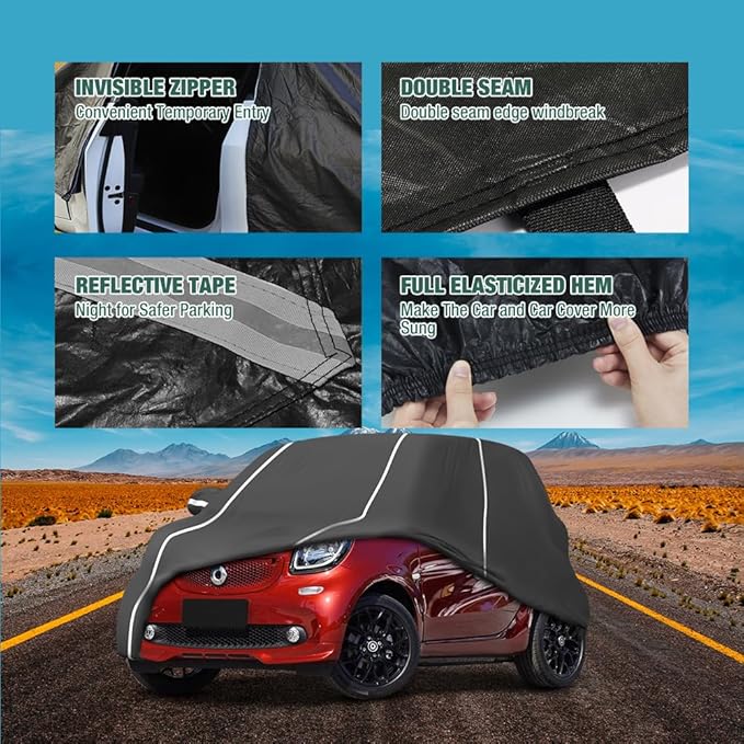 Fluorescent Strip Design 6 Layers Waterproof Car Cover Compatible for Smart Fortwo 2007-2022 All Weather Full Car Cover with Storage Bag